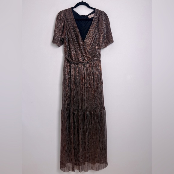 Black Tape Women's M Brown V-Neck Chiffon Leg Slit Surplice Tiered Maxi Dress - Picture 3 of 13